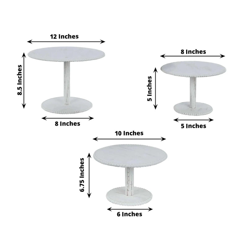 3 Wooden Pedestal Cake Stands with Round Beaded Rim Trays - Whitewash CAKE_WOD027_SET3_WHT
