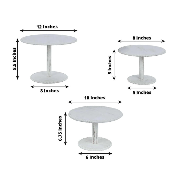3 Wooden Pedestal Cake Stands with Round Beaded Rim Trays - Whitewash CAKE_WOD027_SET3_WHT
