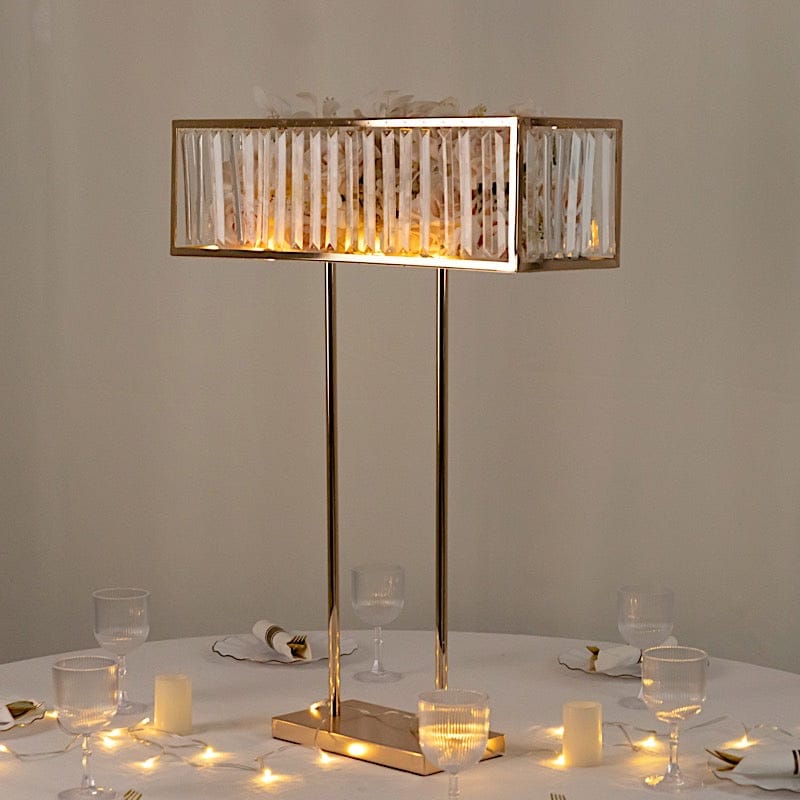 32" Rectangular Metal Chandelier Floral Stand with Crystal Pendant - Gold and Clear CHDLR_070T_32_GOLD