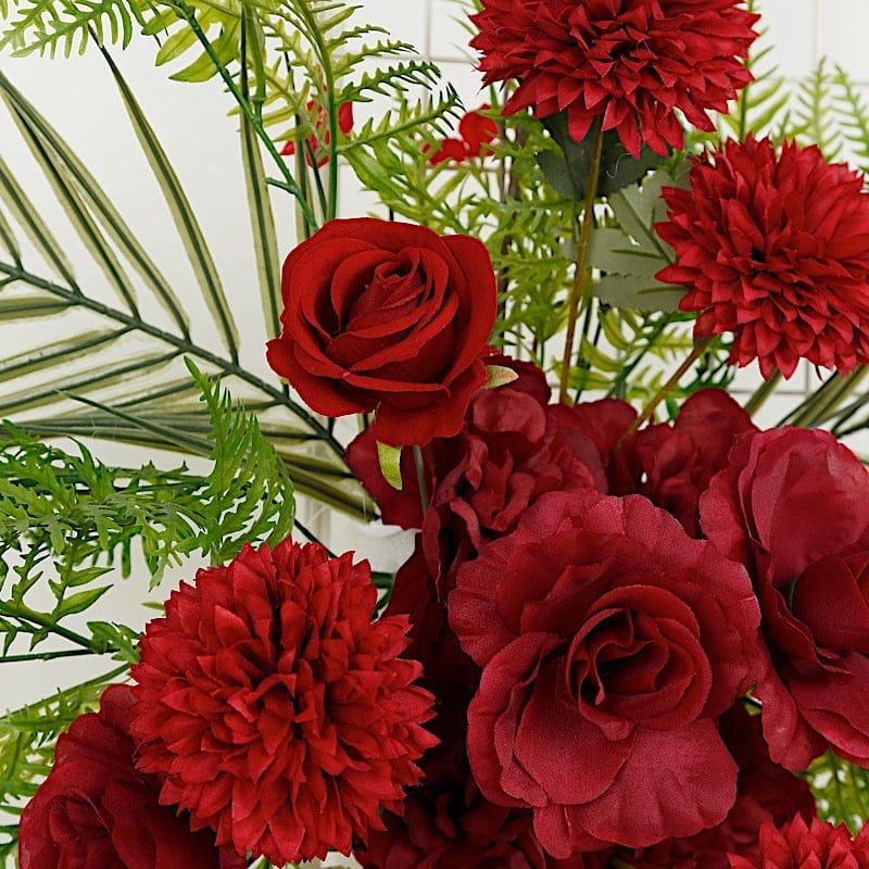 34" Silk Rose and Chrysanthemum Floral Swag with Palm Leaves and Greenery