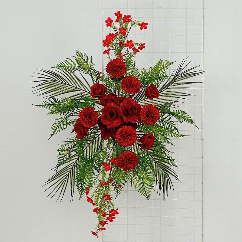34" Silk Rose and Chrysanthemum Floral Swag with Palm Leaves and Greenery