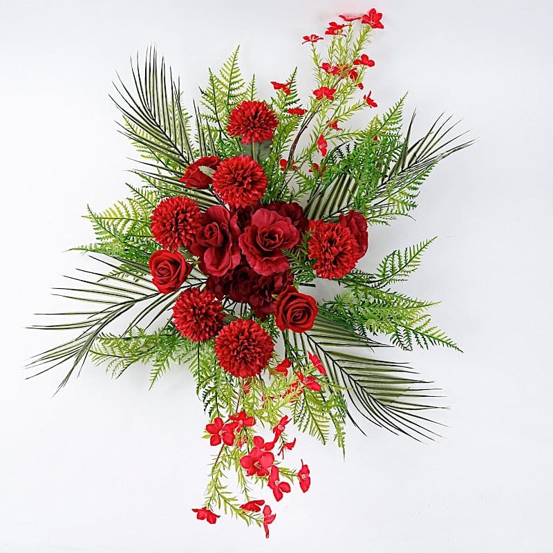 34" Silk Rose and Chrysanthemum Floral Swag with Palm Leaves and Greenery ARTI_ARCH02_BURG