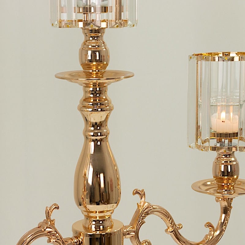 34" tall 3-Arm Metal Candle Holder with Crystal Pendant Glass Shades - Gold CHDLR_CAND_042_3H_GOLD