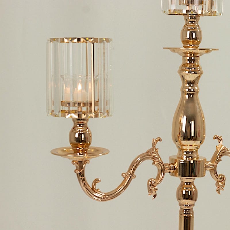 34" tall 3-Arm Metal Candle Holder with Crystal Pendant Glass Shades - Gold CHDLR_CAND_042_3H_GOLD