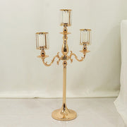 34" tall 3-Arm Metal Candle Holder with Crystal Pendant Glass Shades - Gold CHDLR_CAND_042_3H_GOLD