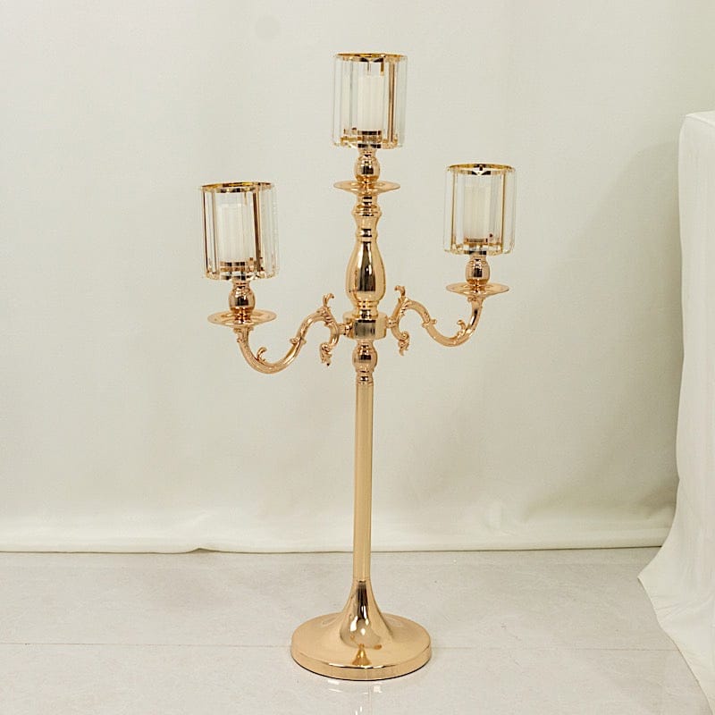 34" tall 3-Arm Metal Candle Holder with Crystal Pendant Glass Shades - Gold CHDLR_CAND_042_3H_GOLD