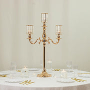 34" tall 3-Arm Metal Candle Holder with Crystal Pendant Glass Shades - Gold CHDLR_CAND_042_3H_GOLD