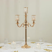 34" tall 3-Arm Metal Candle Holder with Crystal Pendant Glass Shades - Gold CHDLR_CAND_042_3H_GOLD
