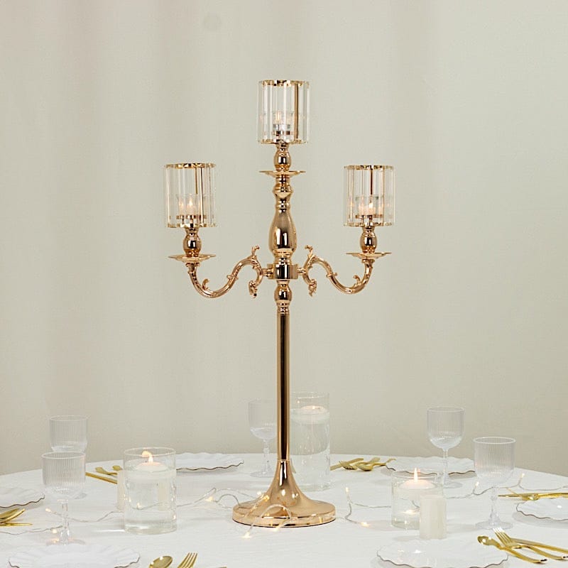 34" tall 3-Arm Metal Candle Holder with Crystal Pendant Glass Shades - Gold CHDLR_CAND_042_3H_GOLD