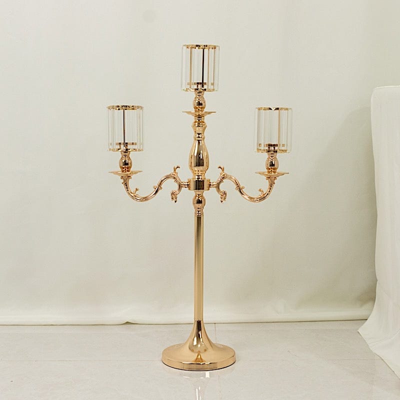 34" tall 3-Arm Metal Candle Holder with Crystal Pendant Glass Shades - Gold CHDLR_CAND_042_3H_GOLD