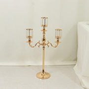 34" tall 3-Arm Metal Candle Holder with Crystal Pendant Glass Shades - Gold CHDLR_CAND_042_3H_GOLD