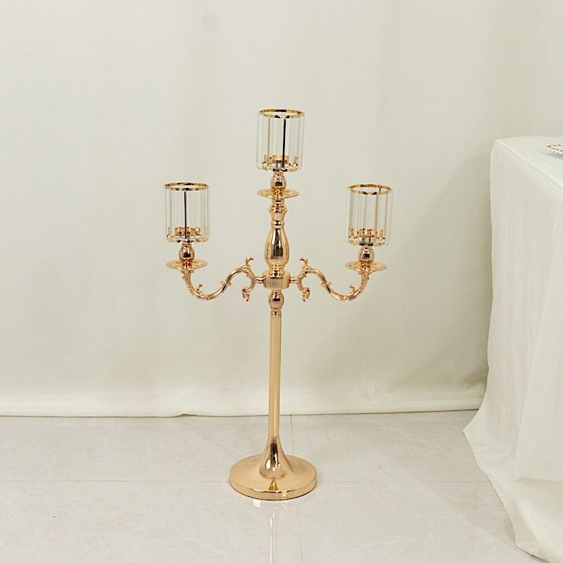 34" tall 3-Arm Metal Candle Holder with Crystal Pendant Glass Shades - Gold CHDLR_CAND_042_3H_GOLD