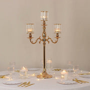 34" tall 3-Arm Metal Candle Holder with Crystal Pendant Glass Shades - Gold CHDLR_CAND_042_3H_GOLD