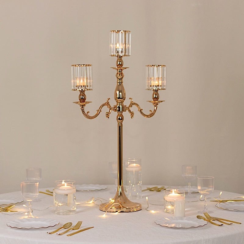 34" tall 3-Arm Metal Candle Holder with Crystal Pendant Glass Shades - Gold CHDLR_CAND_042_3H_GOLD