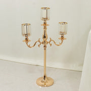 34" tall 3-Arm Metal Candle Holder with Crystal Pendant Glass Shades - Gold CHDLR_CAND_042_3H_GOLD
