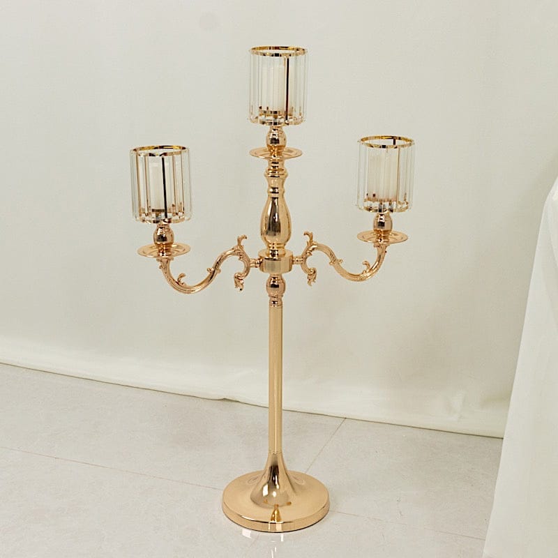 34" tall 3-Arm Metal Candle Holder with Crystal Pendant Glass Shades - Gold CHDLR_CAND_042_3H_GOLD