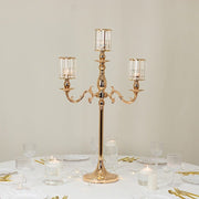 34" tall 3-Arm Metal Candle Holder with Crystal Pendant Glass Shades - Gold CHDLR_CAND_042_3H_GOLD