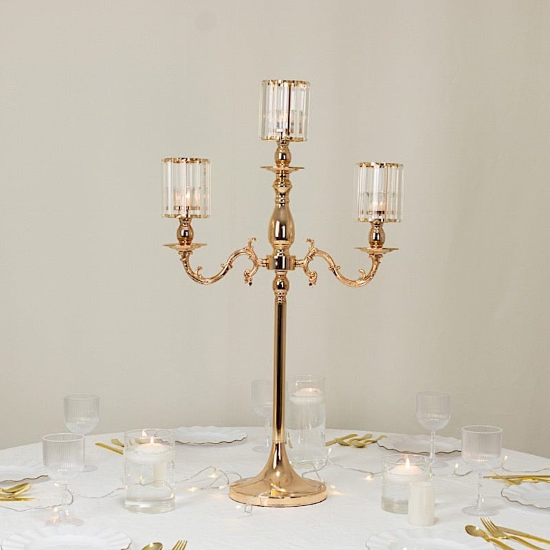 34" tall 3-Arm Metal Candle Holder with Crystal Pendant Glass Shades - Gold CHDLR_CAND_042_3H_GOLD