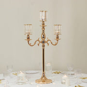 34" tall 3-Arm Metal Candle Holder with Crystal Pendant Glass Shades - Gold CHDLR_CAND_042_3H_GOLD