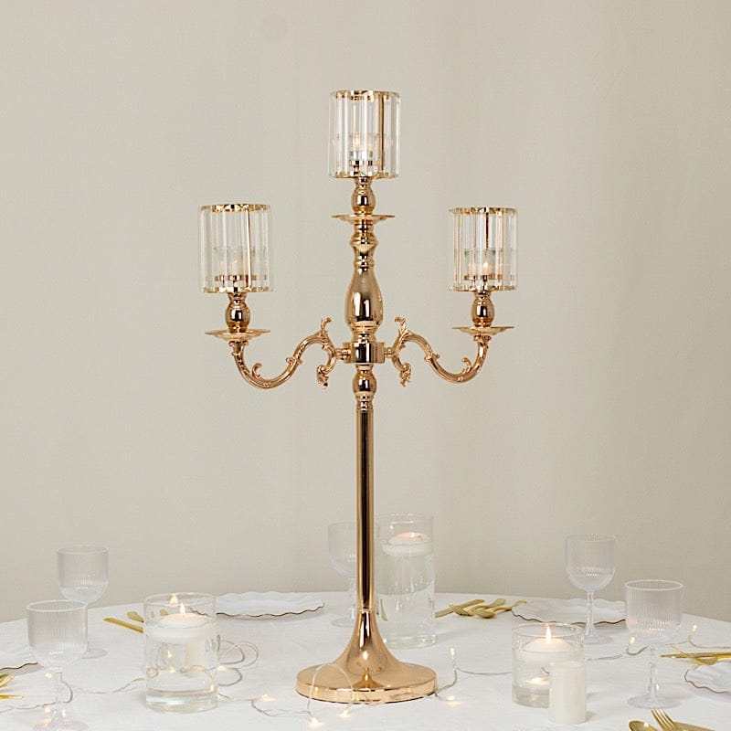 34" tall 3-Arm Metal Candle Holder with Crystal Pendant Glass Shades - Gold CHDLR_CAND_042_3H_GOLD