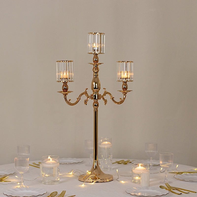 34" tall 3-Arm Metal Candle Holder with Crystal Pendant Glass Shades - Gold CHDLR_CAND_042_3H_GOLD
