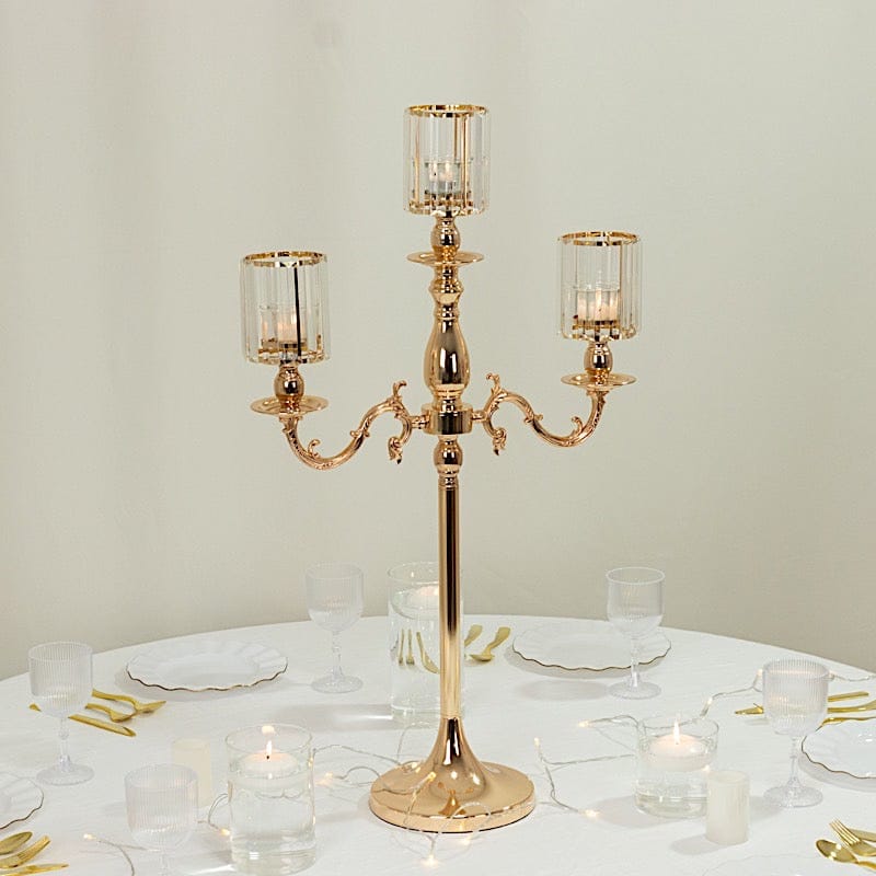 34" tall 3-Arm Metal Candle Holder with Crystal Pendant Glass Shades - Gold CHDLR_CAND_042_3H_GOLD