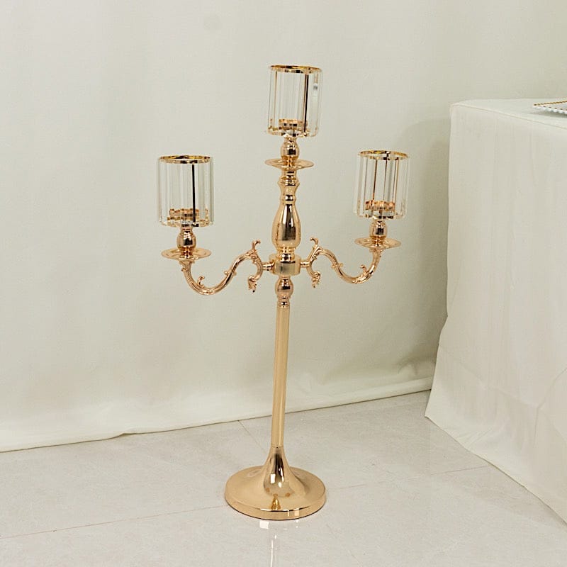 34" tall 3-Arm Metal Candle Holder with Crystal Pendant Glass Shades - Gold CHDLR_CAND_042_3H_GOLD