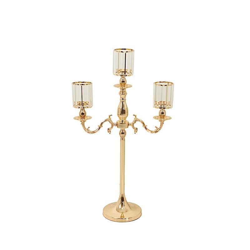 34" tall 3-Arm Metal Candle Holder with Crystal Pendant Glass Shades - Gold CHDLR_CAND_042_3H_GOLD