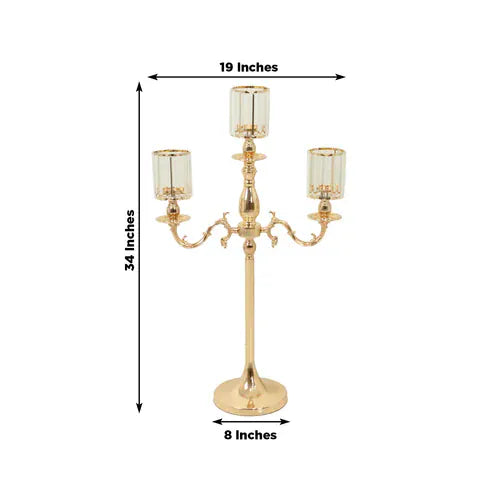 34" tall 3-Arm Metal Candle Holder with Crystal Pendant Glass Shades - Gold CHDLR_CAND_042_3H_GOLD