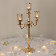 34" tall 3-Arm Metal Candle Holder with Crystal Pendant Glass Shades - Gold CHDLR_CAND_042_3H_GOLD