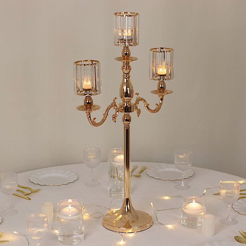 34" tall 3-Arm Metal Candle Holder with Crystal Pendant Glass Shades - Gold CHDLR_CAND_042_3H_GOLD