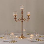 34" tall 3-Arm Metal Candle Holder with Crystal Pendant Glass Shades - Gold CHDLR_CAND_042_3H_GOLD