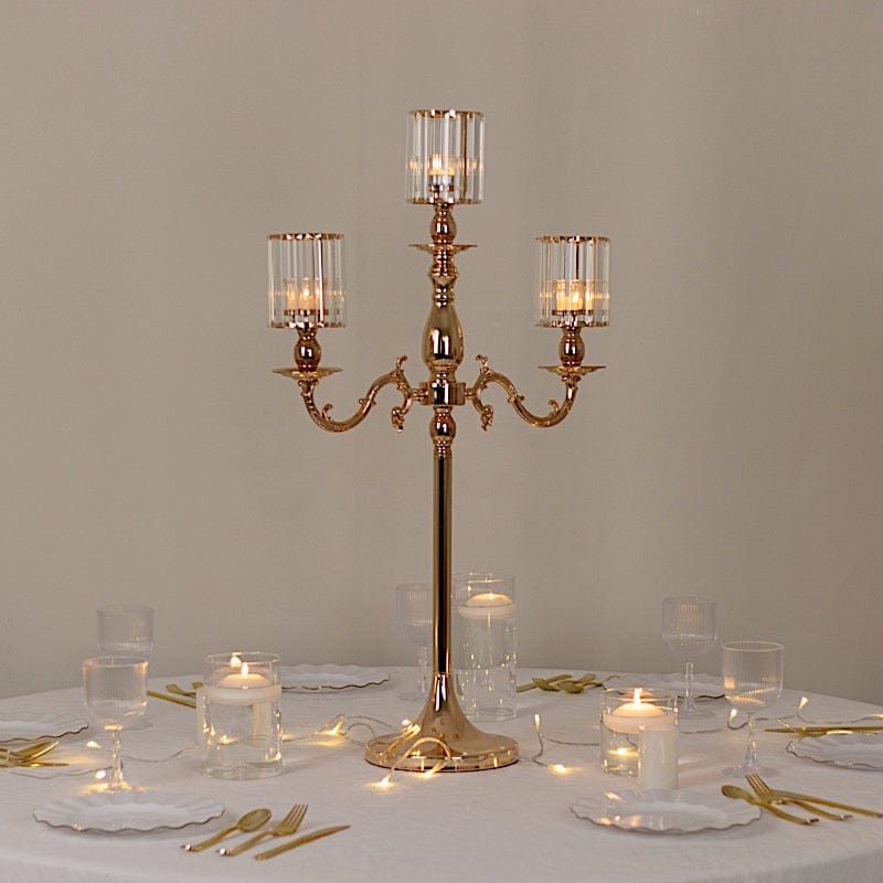 34" tall 3-Arm Metal Candle Holder with Crystal Pendant Glass Shades - Gold CHDLR_CAND_042_3H_GOLD