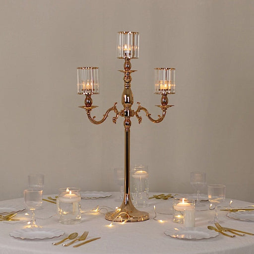 34" tall 3-Arm Metal Candle Holder with Crystal Pendant Glass Shades - Gold CHDLR_CAND_042_3H_GOLD