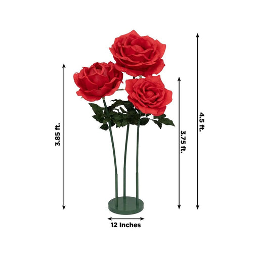 4.5 ft tall Artificial Rose Decor Set 3 Giant Faux Flowers with Standing Base - Red ARTI_RS013_GIANT_SET3_RED