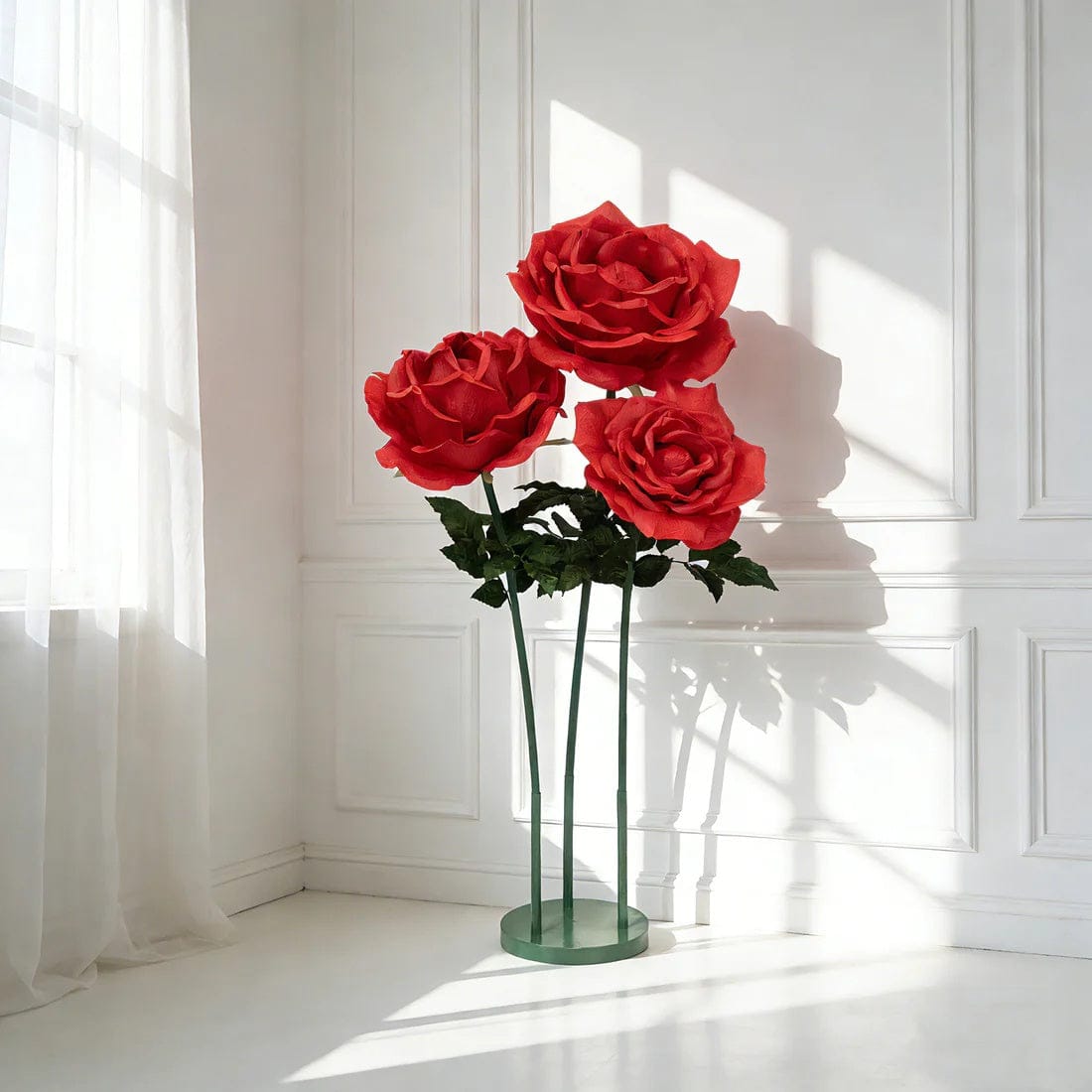 4.5 ft tall Artificial Rose Decor Set 3 Giant Faux Flowers with Standing Base - Red ARTI_RS013_GIANT_SET3_RED