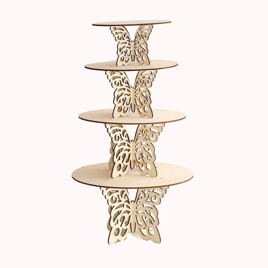 4 Butterfly Round Wooden Cake Stand - Natural CAKE_WOD019_SET_NAT