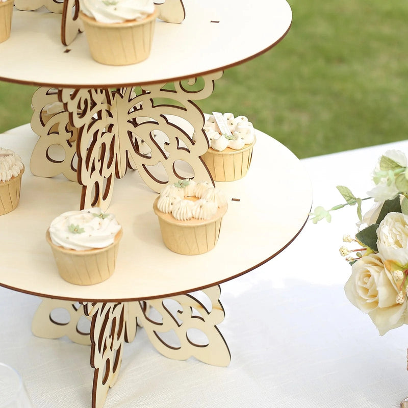 4 Butterfly Round Wooden Cake Stand - Natural CAKE_WOD019_SET_NAT