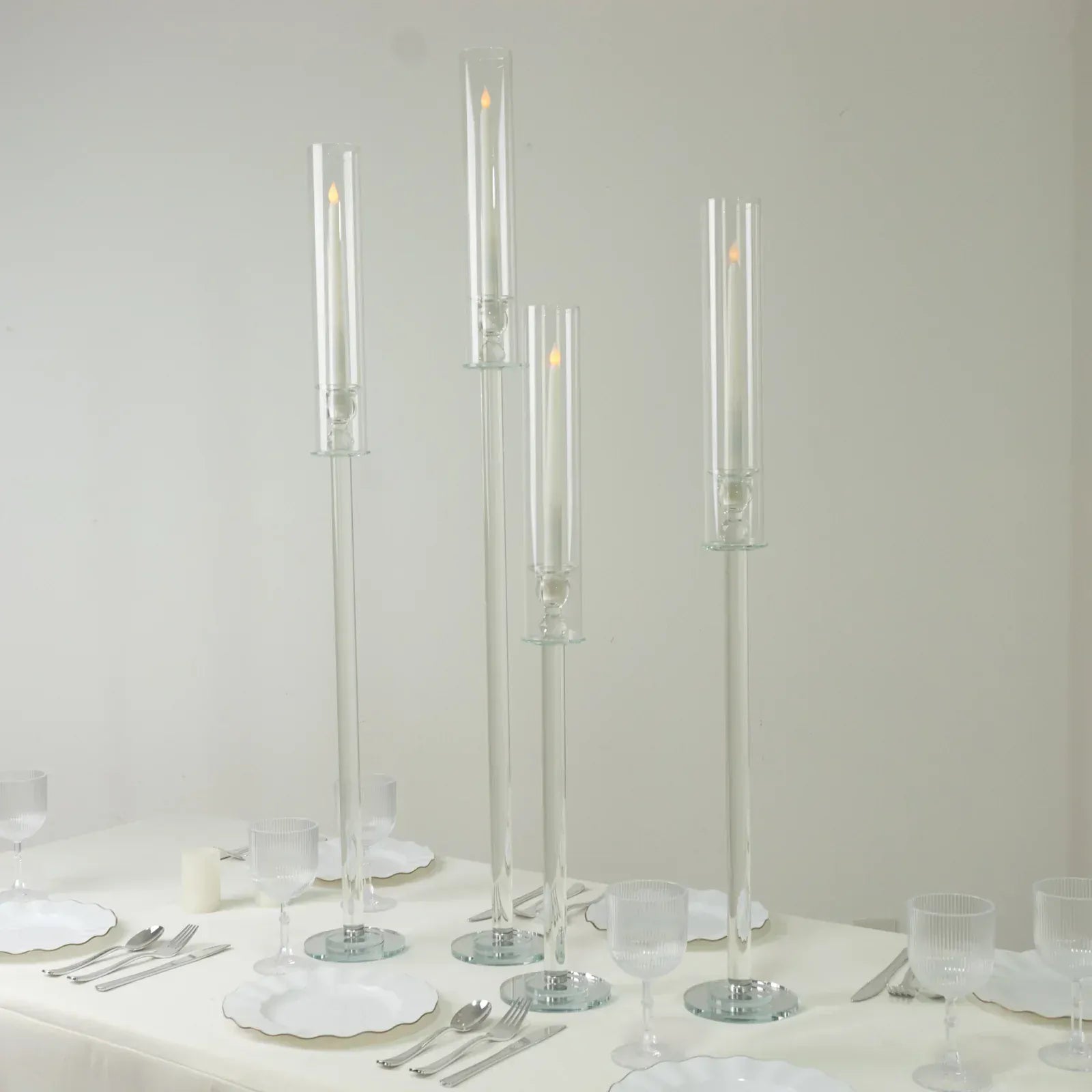 4 Crystal Glass Hurricane Taper Candle Holders - Clear CHDLR_GLAS_041_SET2_CLR