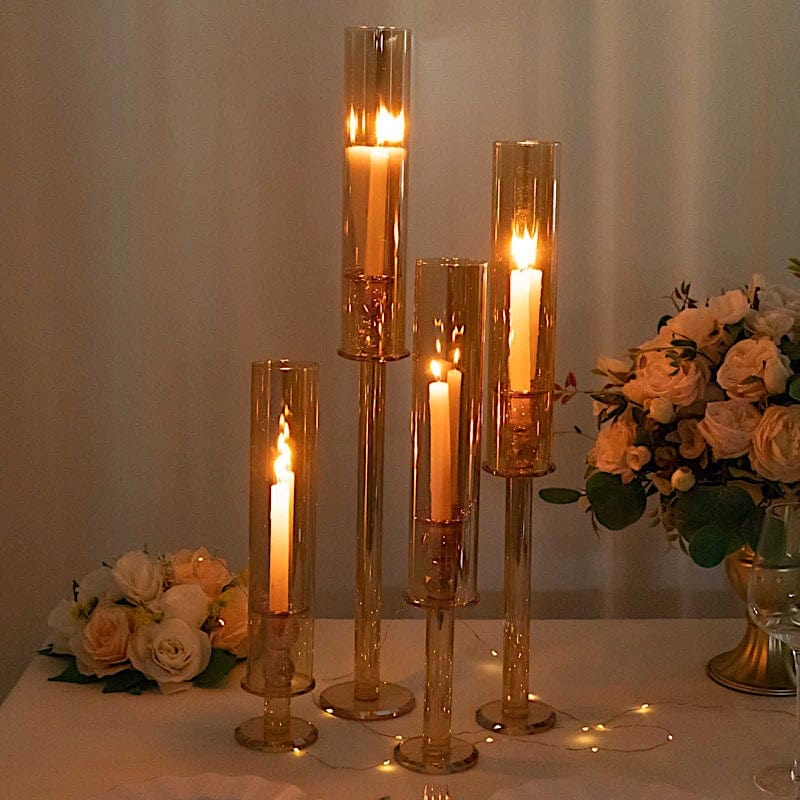 4 Crystal Hurricane Taper Candle Holders with Cylinder Glass Shades