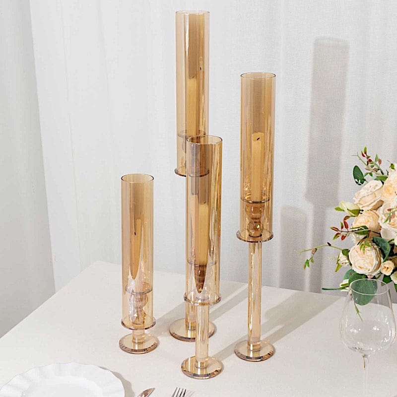 4 Crystal Hurricane Taper Candle Holders with Cylinder Glass Shades
