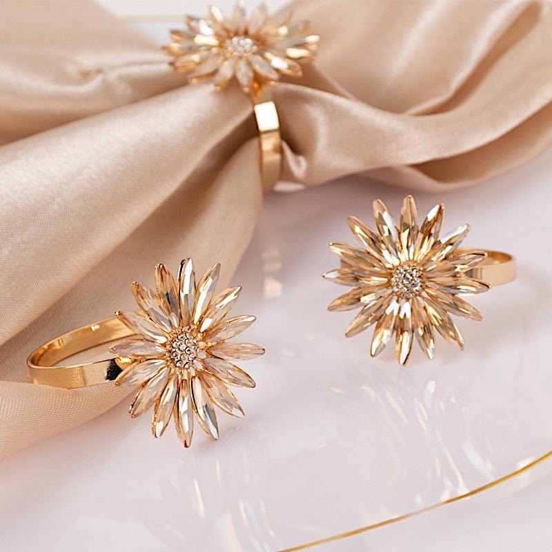 4 Daisy Floral Metal Napkin Rings with Rhinestone Accents - Amber Gold NAP_RING_DIA02_AMB