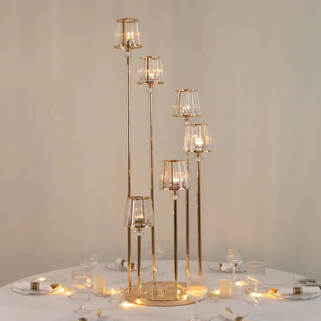 4 ft tall 6 Arm Crystal Pendant Candelabra Tealight Candle Holder - Gold CHDLR_CAND_036_6H_GOLD