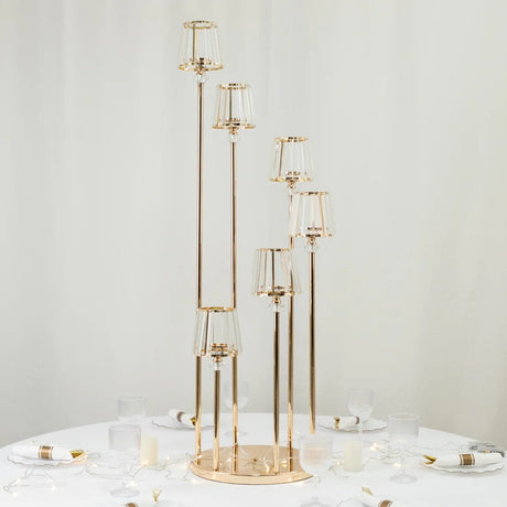 4 ft tall 6 Arm Crystal Pendant Candelabra Tealight Candle Holder - Gold CHDLR_CAND_036_6H_GOLD