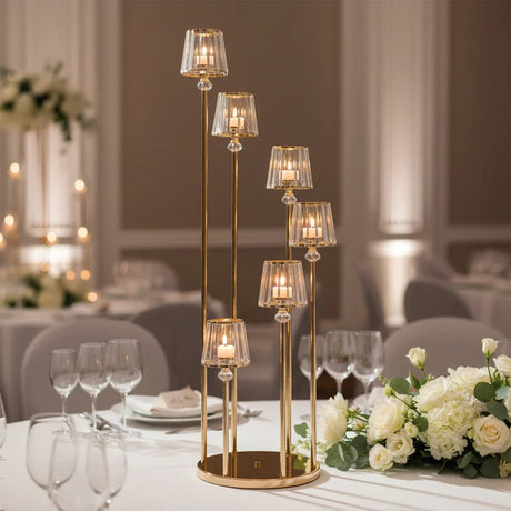 4 ft tall 6 Arm Crystal Pendant Candelabra Tealight Candle Holder - Gold CHDLR_CAND_036_6H_GOLD