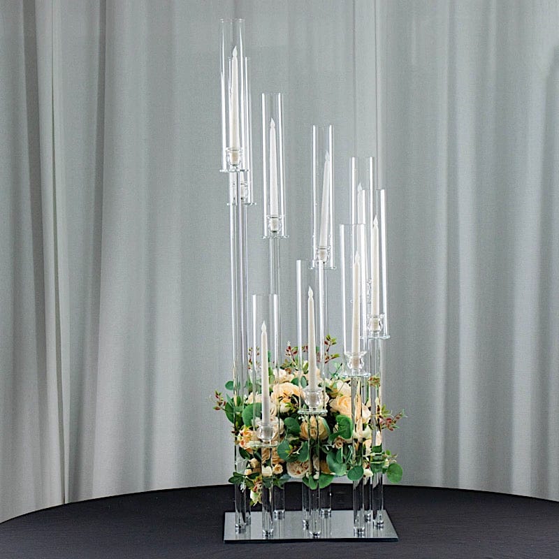 4 ft tall 9 Arm Crystal Glass Square Candelabra Taper Candle Holder - Clear CHDLR_CAND_030S_9_CLR