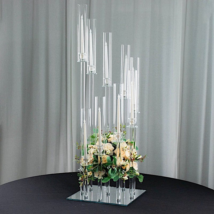 4 ft tall 9 Arm Crystal Glass Square Candelabra Taper Candle Holder - Clear CHDLR_CAND_030S_9_CLR