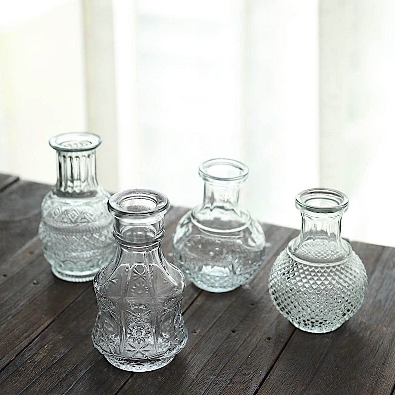 4 Glass Antique Vintage Mini Bud Flower Vases - Clear VASE_RND_007_SET_CLR