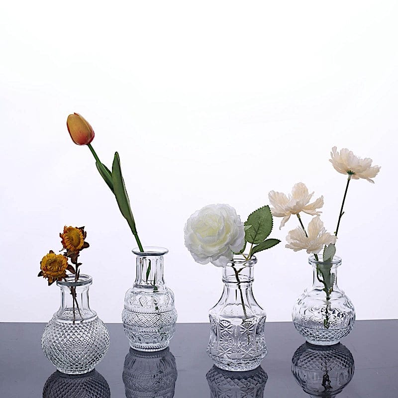 4 Glass Antique Vintage Mini Bud Flower Vases - Clear VASE_RND_007_SET_CLR