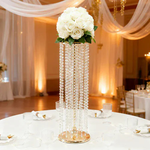 4 Metal 32" Flower Stand Vases with Hanging Crystal Beads  - Gold and Clear CHDLR_CEN_BEAD01_32_GOLD